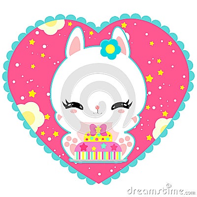Little cute white bunny with a cake in heart. Magic world. Birthday. Greeting card. Childrens poster. Valentines day. Vector Illustration