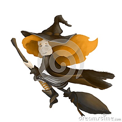 A little cute witch on a broomstick. A girl with yellow hair and a hat. An illustration is isolated. Sepia Cartoon Illustration