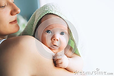 Cutest baby after bath with towel on head. Stock Photo