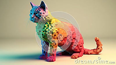 Little 3d cubes showing all rainbow color palette covering whole body shape of the cat. Generative AI Stock Photo