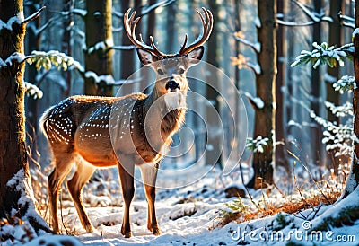 little dappled deer in winter forest. Generative AI Stock Photo