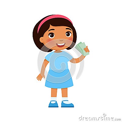 Little dark skin girl with money in hand. Rich happy child holding banknotes cartoon character. Vector Illustration