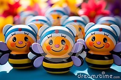 little darlings cuties a bees, honey, a laborer, a hard worker, yellow and black striped animals cheerful joyful happy Stock Photo