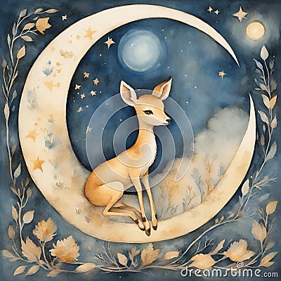 the little deer sleeps on the moon - 1 Stock Photo