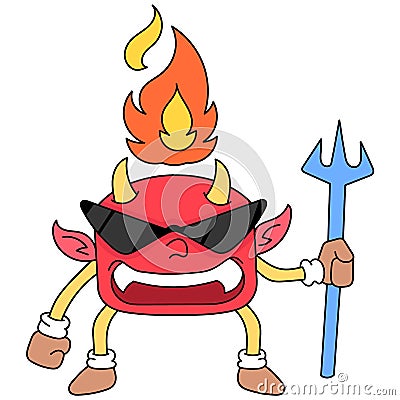 Little devil with fire on his head carrying a spear wants to do evil, doodle icon image kawaii Vector Illustration