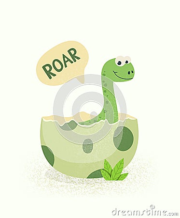 Little Dino. Hatched Little Dinosaur Baby, Child, Kid. Diplodocus, Dinosaur Egg. Cartoon Brontosaurus. Vector Cute and Vector Illustration