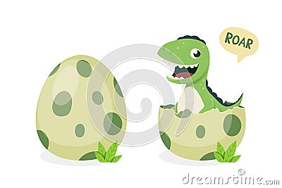 Little Dino. Hatched Little Dinosaur Baby, Child, Kid. Tirannosaur Tirex, Dinosaur Egg. Cartoon T-Rex. Vector Cute and Vector Illustration