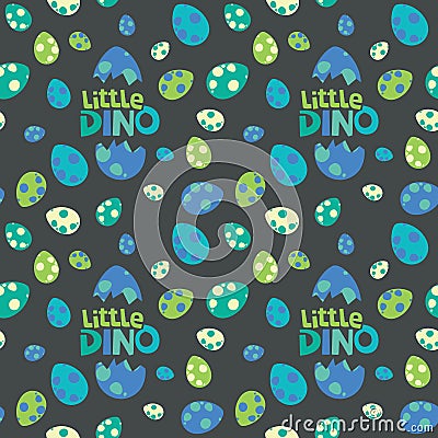 Little Dino Lettering with Colorful Spotted Dinosaur Eggs on Dark Background Seamless Pattern Vector Illustration Vector Illustration