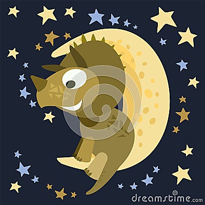 Little dinosaur cub sits on the moon. Starry night sky . Cheerful kind animal baby dino. Cartoons flat style Vector Illustration