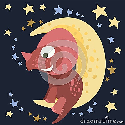 Little dinosaur cub sits on the moon. Starry night sky . Cheerful kind animal baby dino. Cartoons flat style Vector Illustration