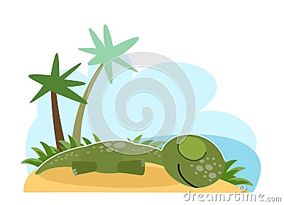 little dinosaur cub is sleeping. The isolated object on a white background. Cheerful kind animal baby dino. Cartoons Vector Illustration