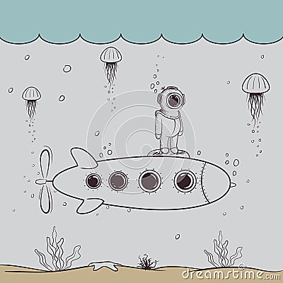 Little diver floats on submarine in the deep ocean Vector Illustration