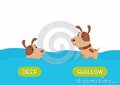 Little dog swimming cartoon illustration. Educational english flash card with antonyms flat vector template. Vector Illustration