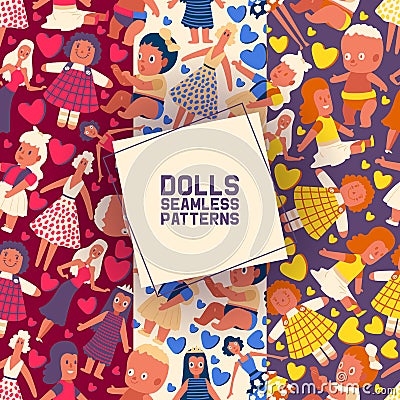 Little dolls collection set of seamless patterns vector illustration. Toy in summer dress with hearts on background Vector Illustration