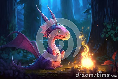 little dragon breathing small flames near a campfire Stock Photo