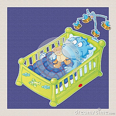 The little dragon goes to sleep in the cot Stock Photo