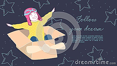Little dreamer boy playing with a cardboard airplane. Childhood. Fantasy, imagination. Vector Illustration