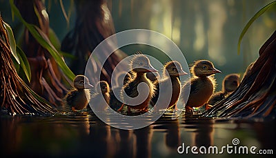 Little Ducklings Following Their Mother in A File on A Beautiful Lake Swamp AI Generative Stock Photo