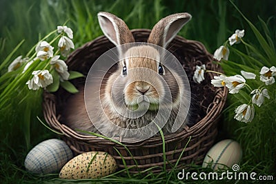 Little Easter bunny in woven basket with eggs spring flowers decoration. Generative AI Stock Photo