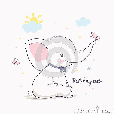 Little elephant with butterfly. Vector illustration for kids Vector Illustration