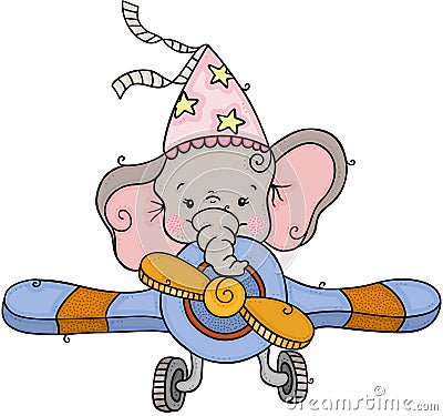 Little elephant with party hat flying an airplane Vector Illustration