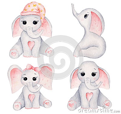 Little elephants hand drawn raster illustrations set Cartoon Illustration