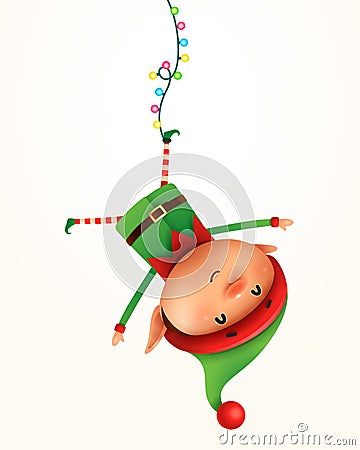 Little elf hanging upside down. Isolated Vector Illustration