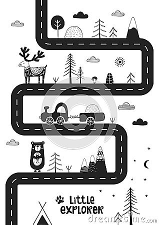 Little explorer - Cute hand drawn nursery poster with road, wild animals and car. Monochrome illustration. Cartoon Illustration