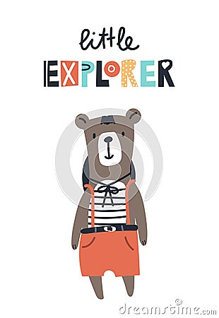 Little explorer - Cute kids hand drawn nursery poster with bear animal and lettering. Vector Illustration