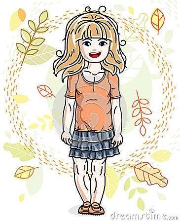 Little fair-haired girl toddler standing on background of autumn Vector Illustration