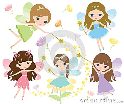 Little fairies in colorful dress with watercolor wings, magic wand and flowers Vector Vector Illustration