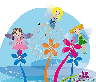 Little fairies flying on the flowers Vector Illustration