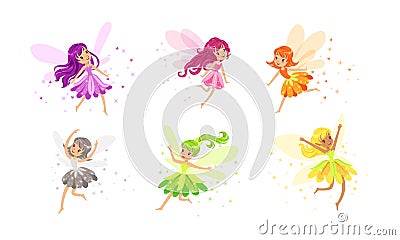 Little Fairies with Wings Set, Lovely Girls with Long Hair Dressed Pretty Colorful Dresses Cartoon Vector Illustration Vector Illustration