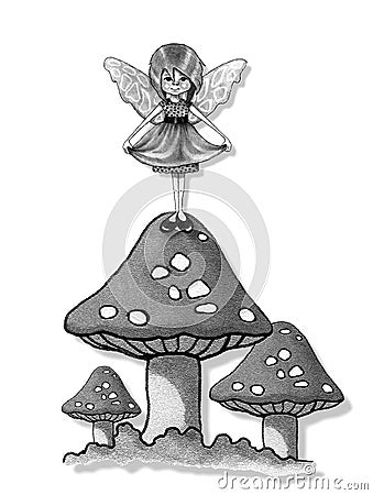 Little Fairy Girl on Toadstools, Original Pencil Art Stock Photo
