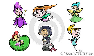 Little fairy girls, enchantresses with wings, mermaids vector illustration Vector Illustration