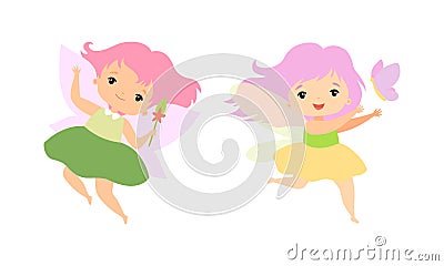 Little Fairy or Pixie with Wings as Woodland Nymph Hovering with Magic Wand and Butterfly Vector Set Vector Illustration