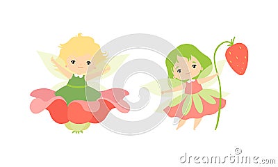 Little Fairy or Pixie with Wings as Woodland Nymph Sitting in Flower Cup and Holding Strawberry Stalk Vector Set Vector Illustration