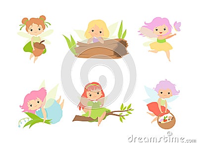 Little Fairy or Pixie with Wings as Woodland Nymph Vector Set Stock Photo