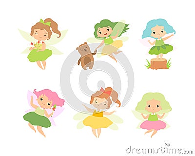 Little Fairy or Pixie with Wings as Woodland Nymph Vector Set Stock Photo