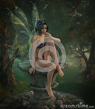 Little Fairy with Purple Flower Dress, 3d CG Stock Photo