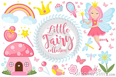 Little fairy set, cartoon style. Cute and mystical collection for girls with fairytale forest princess, magic wand Vector Illustration