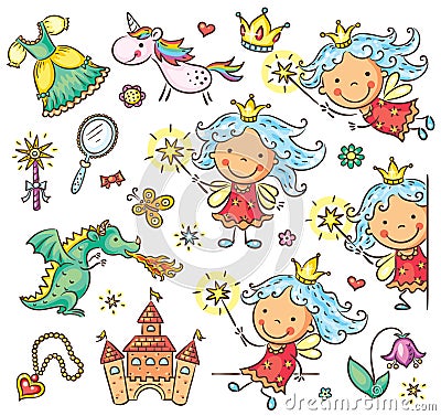 Little fairy set with a castle, unicorn, dragon and accessories Vector Illustration