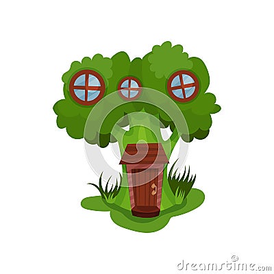 Little fantasy house in form of green broccoli with three round windows and wooden door. Fairy-tale architecture Vector Illustration