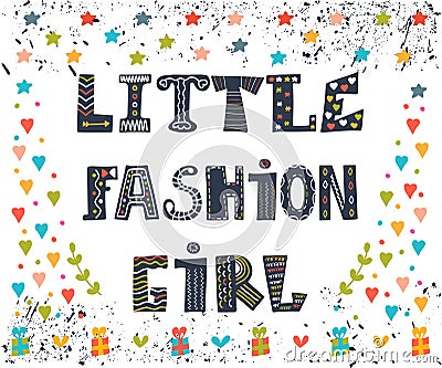 Little fashion girl card. Cute graphic for kids. Funny postcard Vector Illustration