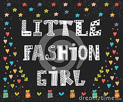 Little fashion girl card. Cute graphic for kids. Funny postcard Vector Illustration