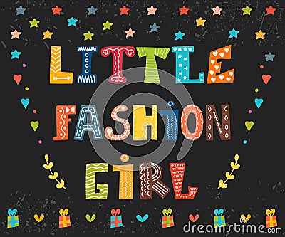 Little fashion girl card. Cute graphic for kids. Funny postcard Vector Illustration