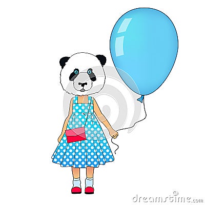 Little fashion panda girl dressed up in dress. Animal hipster bear in dress with balloon. Panda kid dressed in urban Stock Photo