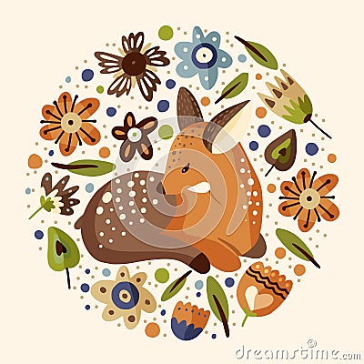 Little fawn woodland animal card. Vector Illustration