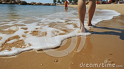 Little Feet, Big Imprints on a Serene Tropical Beach. Generative AI Stock Photo