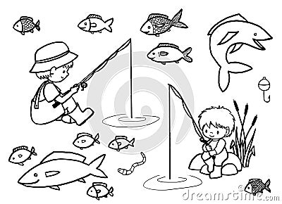 Little fishermans - black and white illustration. Cartoon Illustration